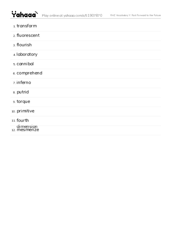 RAZ Vocabulary Y: Fast Forward to the Future PDF words glossary