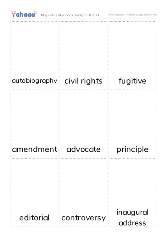RAZ Vocabulary Y: Frederick Douglass Forever Free PDF flaschards with images