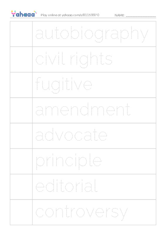 RAZ Vocabulary Y: Frederick Douglass Forever Free PDF one column image words