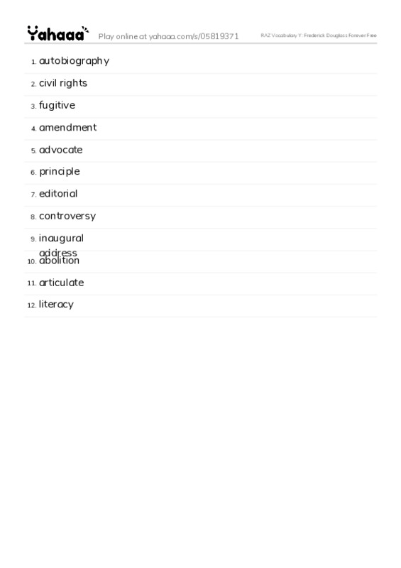 RAZ Vocabulary Y: Frederick Douglass Forever Free PDF words glossary