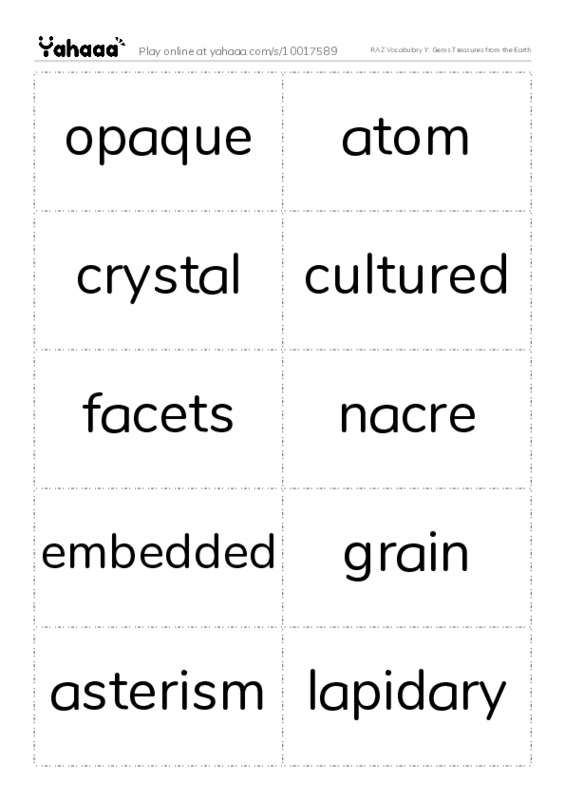 RAZ Vocabulary Y: Gems Treasures from the Earth PDF two columns flashcards