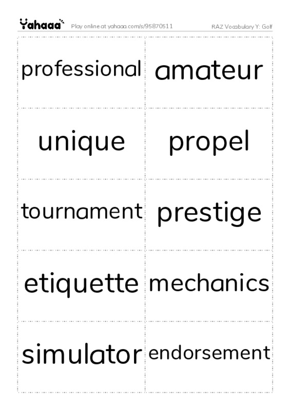 RAZ Vocabulary Y: Golf PDF two columns flashcards
