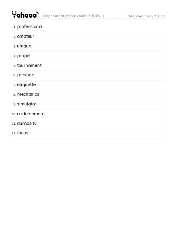RAZ Vocabulary Y: Golf PDF words glossary