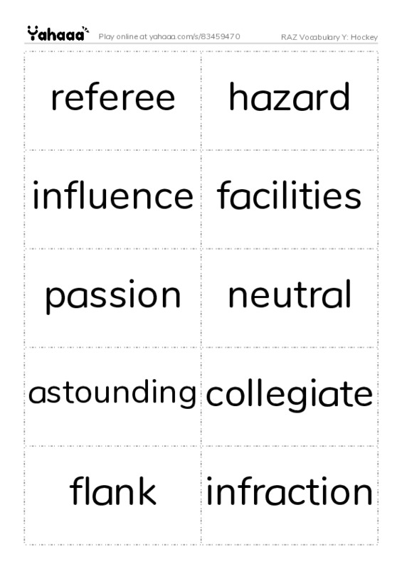 RAZ Vocabulary Y: Hockey PDF two columns flashcards