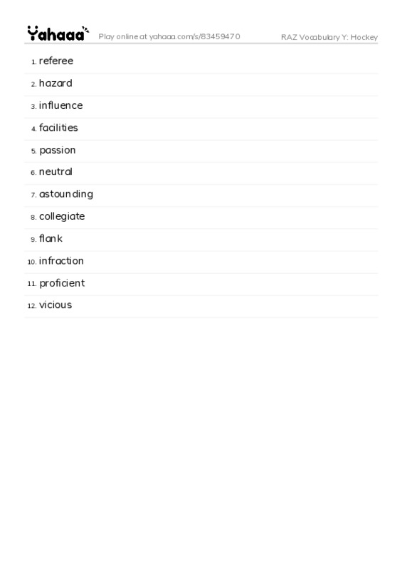 RAZ Vocabulary Y: Hockey PDF words glossary