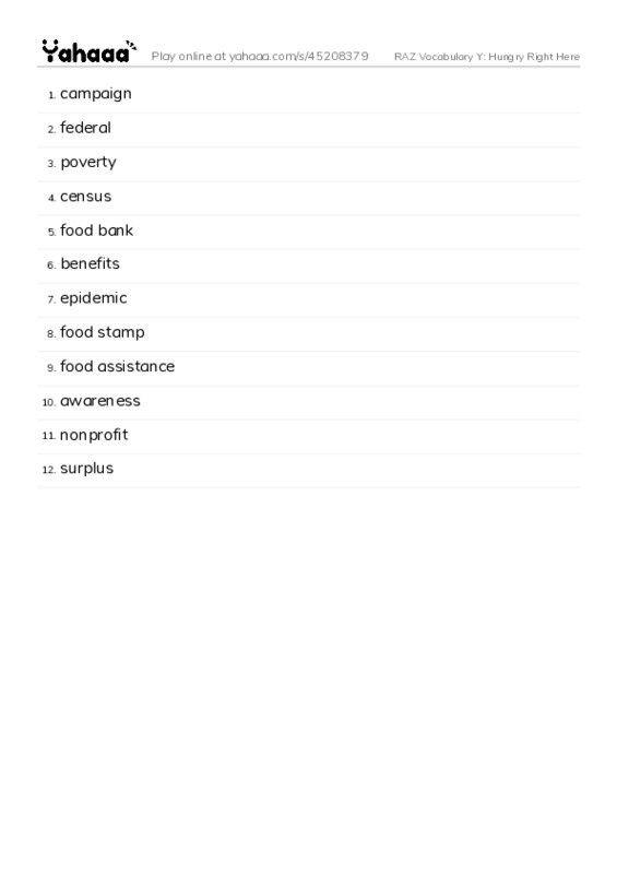 RAZ Vocabulary Y: Hungry Right Here PDF words glossary