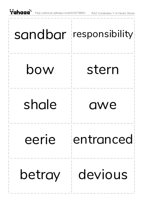RAZ Vocabulary Y: In Hucks Shoes PDF two columns flashcards
