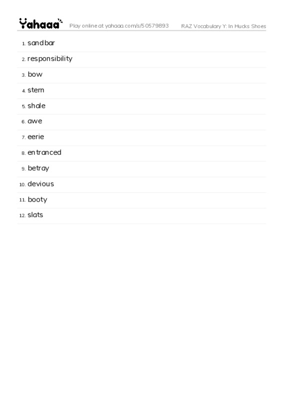RAZ Vocabulary Y: In Hucks Shoes PDF words glossary