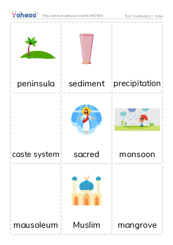 RAZ Vocabulary Y: India PDF flaschards with images