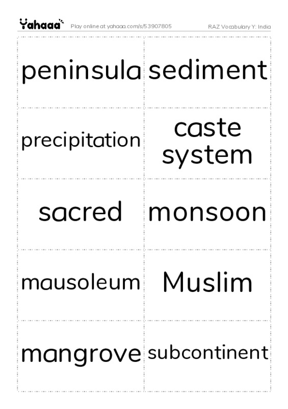 RAZ Vocabulary Y: India PDF two columns flashcards