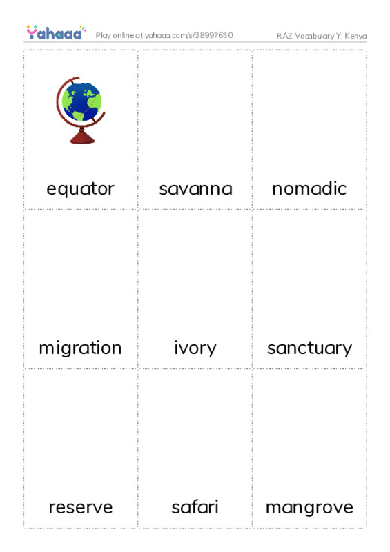 RAZ Vocabulary Y: Kenya PDF flaschards with images