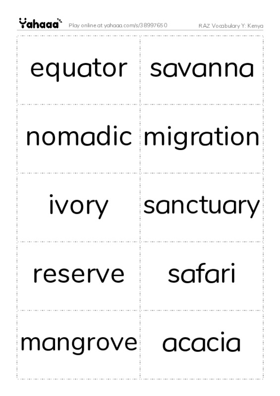 RAZ Vocabulary Y: Kenya PDF two columns flashcards