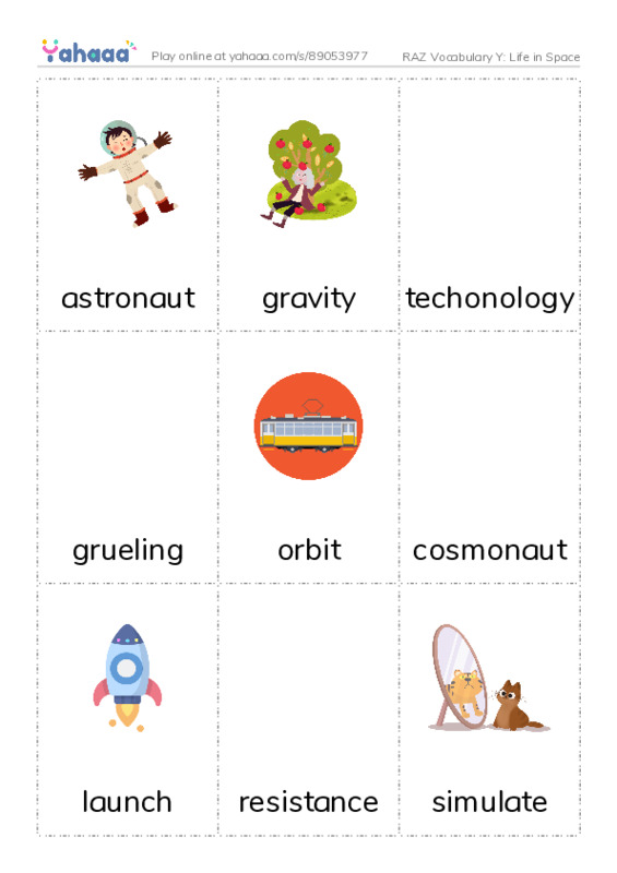 RAZ Vocabulary Y: Life in Space PDF flaschards with images
