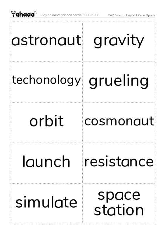 RAZ Vocabulary Y: Life in Space PDF two columns flashcards