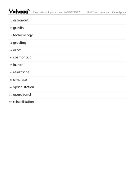 RAZ Vocabulary Y: Life in Space PDF words glossary