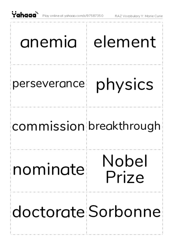 RAZ Vocabulary Y: Marie Curie PDF two columns flashcards