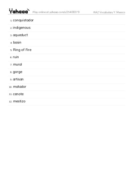 RAZ Vocabulary Y: Mexico PDF words glossary