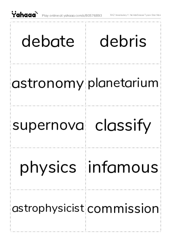 RAZ Vocabulary Y: Neil deGrasse Tyson Star Man PDF two columns flashcards