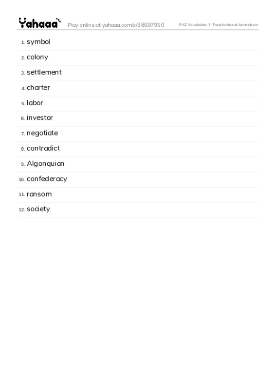 RAZ Vocabulary Y: Pocahontas at Jamestown PDF words glossary