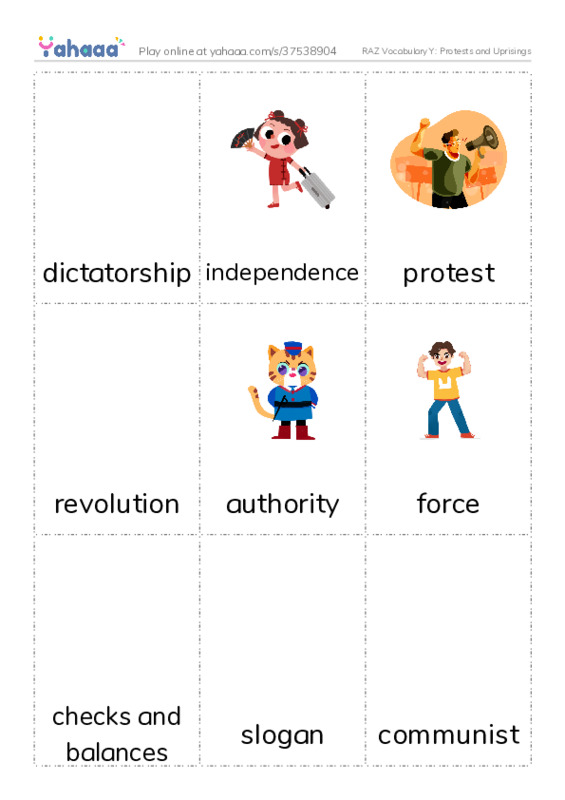 RAZ Vocabulary Y: Protests and Uprisings PDF flaschards with images