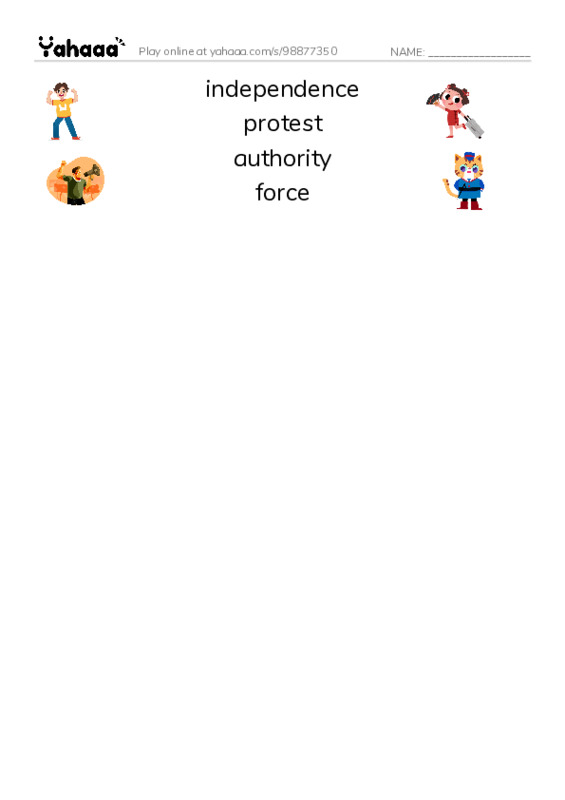 RAZ Vocabulary Y: Protests and Uprisings PDF three columns match words