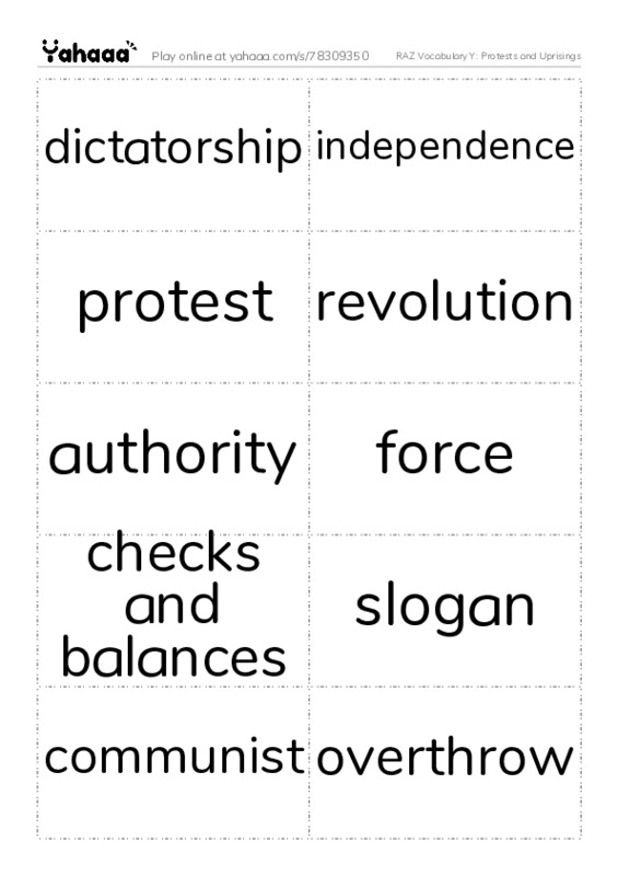 RAZ Vocabulary Y: Protests and Uprisings PDF two columns flashcards