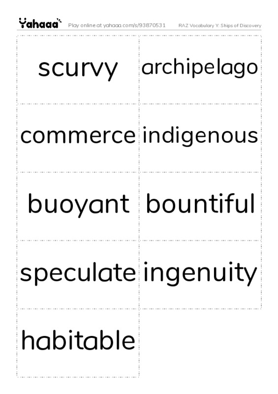 RAZ Vocabulary Y: Ships of Discovery PDF two columns flashcards
