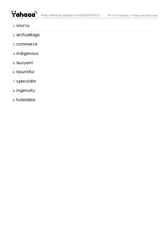 RAZ Vocabulary Y: Ships of Discovery PDF words glossary