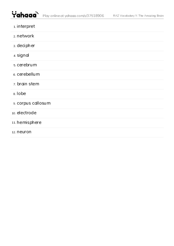 RAZ Vocabulary Y: The Amazing Brain PDF words glossary
