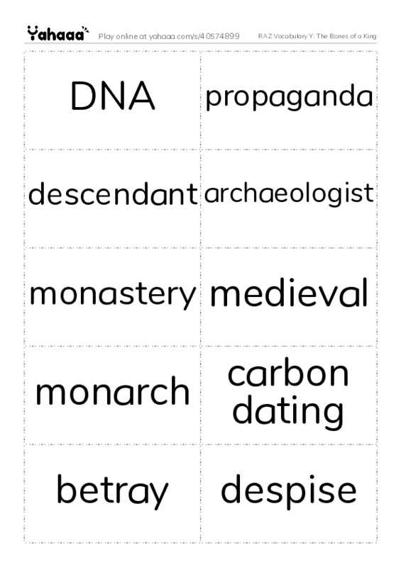 RAZ Vocabulary Y: The Bones of a King PDF two columns flashcards