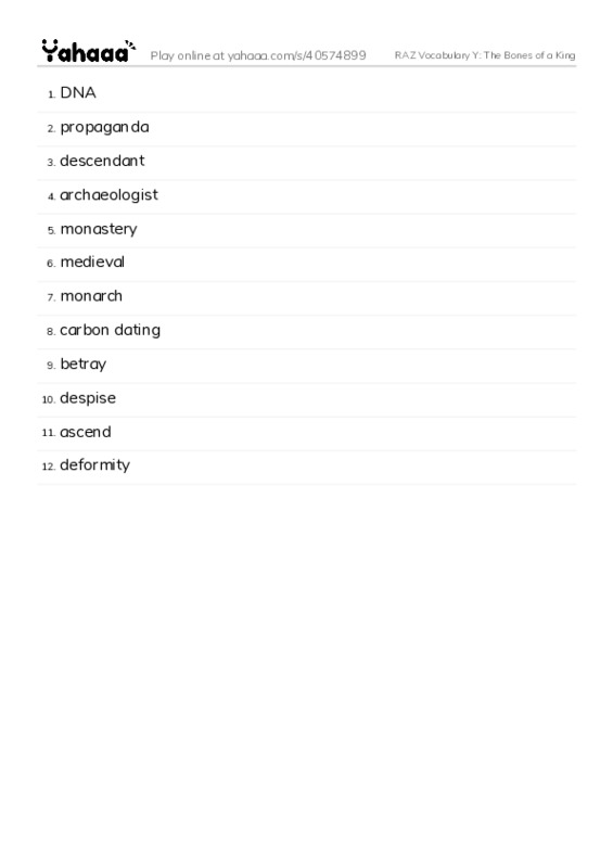 RAZ Vocabulary Y: The Bones of a King PDF words glossary
