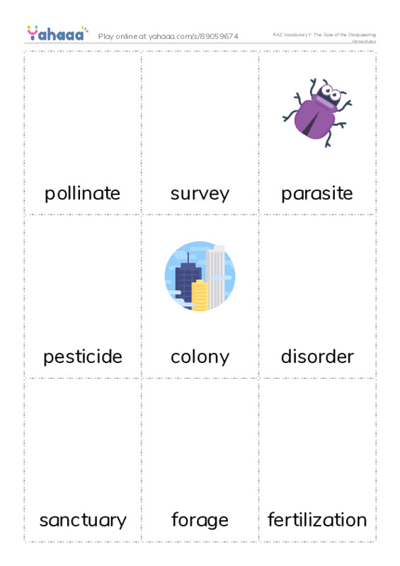 RAZ Vocabulary Y: The Case of the Disappearing Honeybees PDF flaschards with images