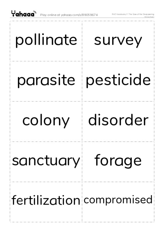 RAZ Vocabulary Y: The Case of the Disappearing Honeybees PDF two columns flashcards