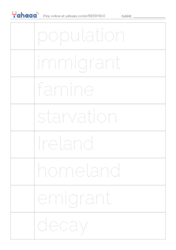 RAZ Vocabulary Y: The Great Hunger PDF one column image words