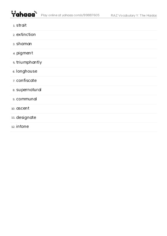 RAZ Vocabulary Y: The Haidas PDF words glossary