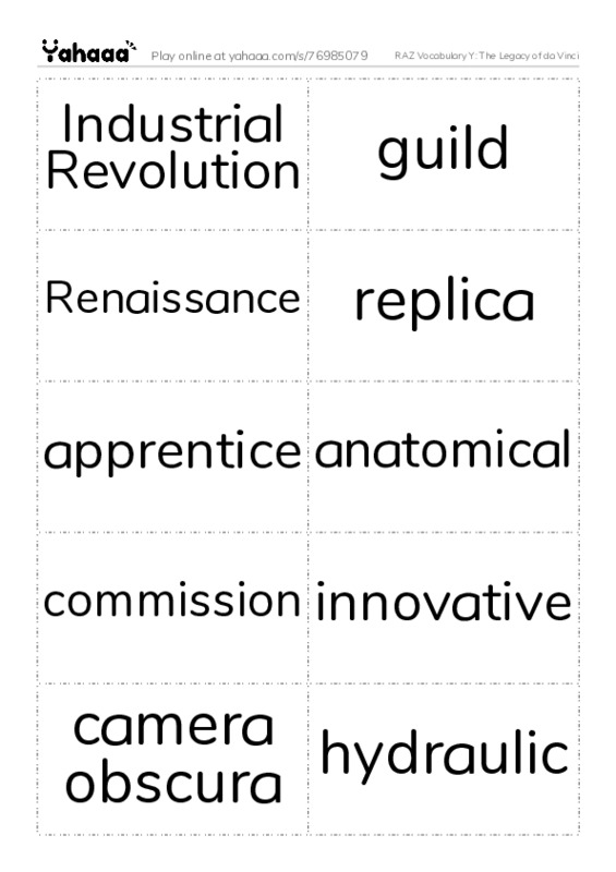 RAZ Vocabulary Y: The Legacy of da Vinci PDF two columns flashcards