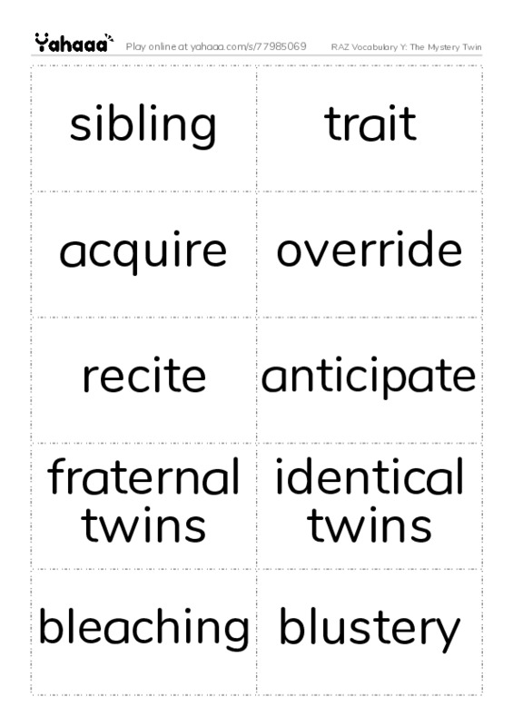 RAZ Vocabulary Y: The Mystery Twin PDF two columns flashcards