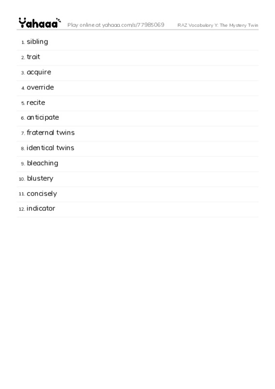 RAZ Vocabulary Y: The Mystery Twin PDF words glossary