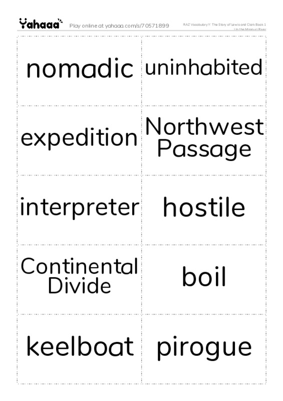 RAZ Vocabulary Y: The Story of Lewis and Clark Book 1 Up the Missouri River PDF two columns flashcards