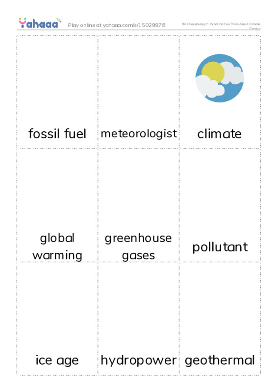 RAZ Vocabulary Y: What Do You Think About Climate Change PDF flaschards with images
