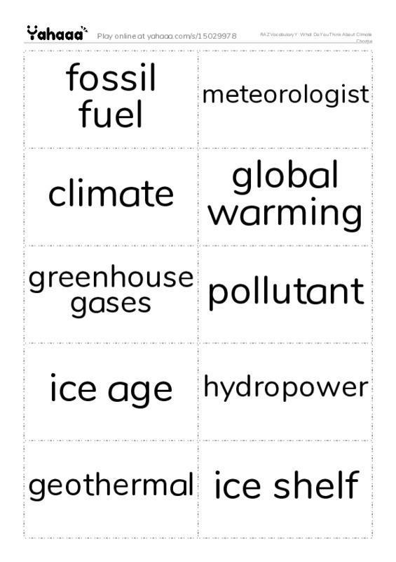 RAZ Vocabulary Y: What Do You Think About Climate Change PDF two columns flashcards