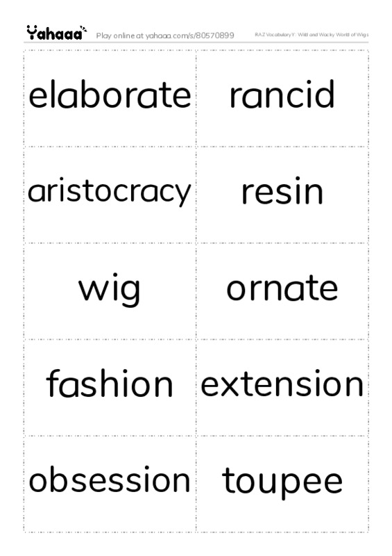 RAZ Vocabulary Y: Wild and Wacky World of Wigs PDF two columns flashcards