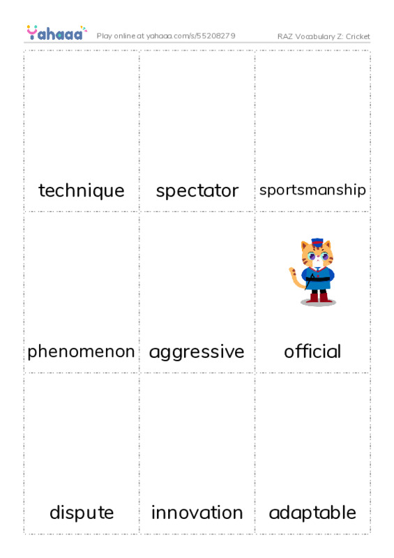 RAZ Vocabulary Z: Cricket PDF flaschards with images