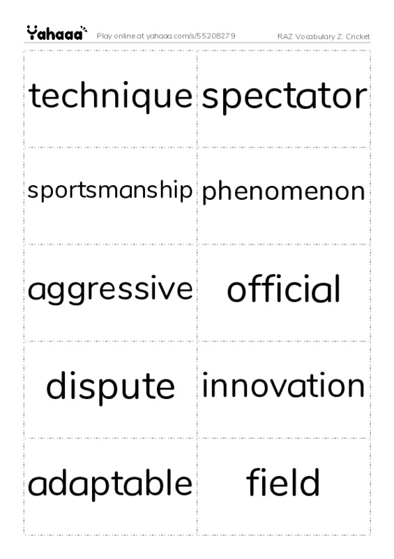 RAZ Vocabulary Z: Cricket PDF two columns flashcards