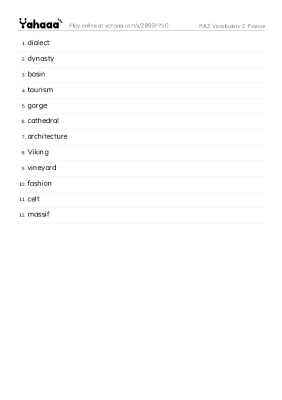 RAZ Vocabulary Z: France PDF words glossary