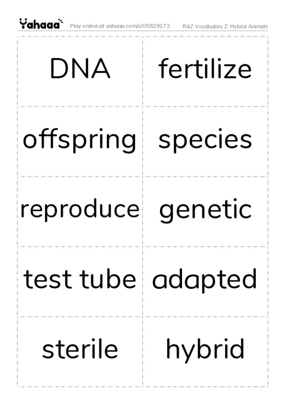 RAZ Vocabulary Z: Hybrid Animals PDF two columns flashcards