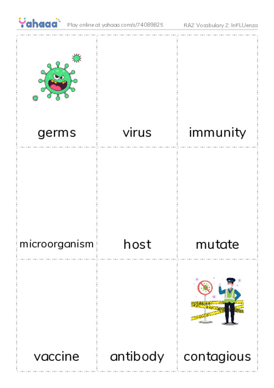 RAZ Vocabulary Z: Influenza PDF flaschards with images