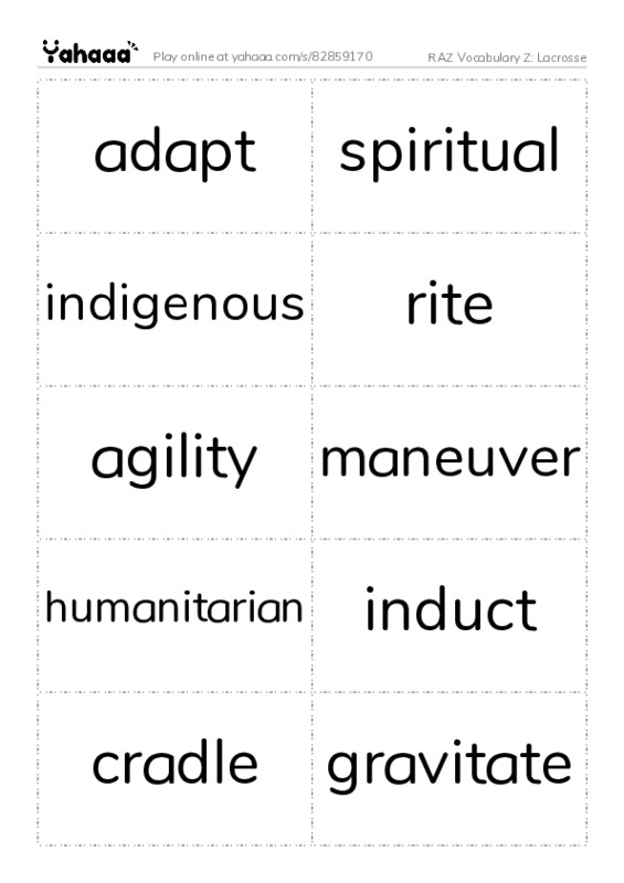 RAZ Vocabulary Z: Lacrosse PDF two columns flashcards