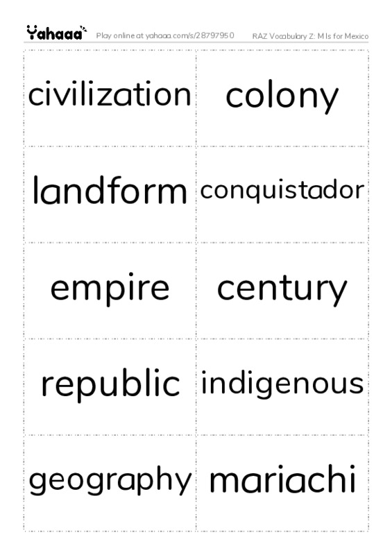 RAZ Vocabulary Z: M Is for Mexico PDF two columns flashcards