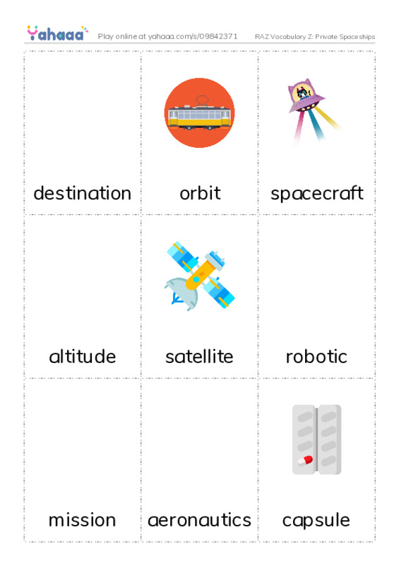RAZ Vocabulary Z: Private Spaceships PDF flaschards with images